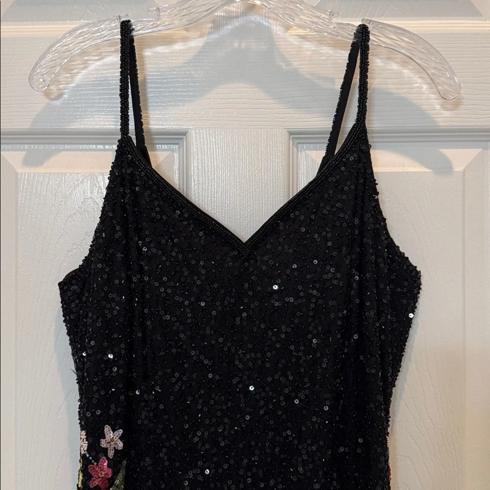 Mac Duggal 5475 Black Floral Embellished Spaghetti Strap Gown Size 14 NWT